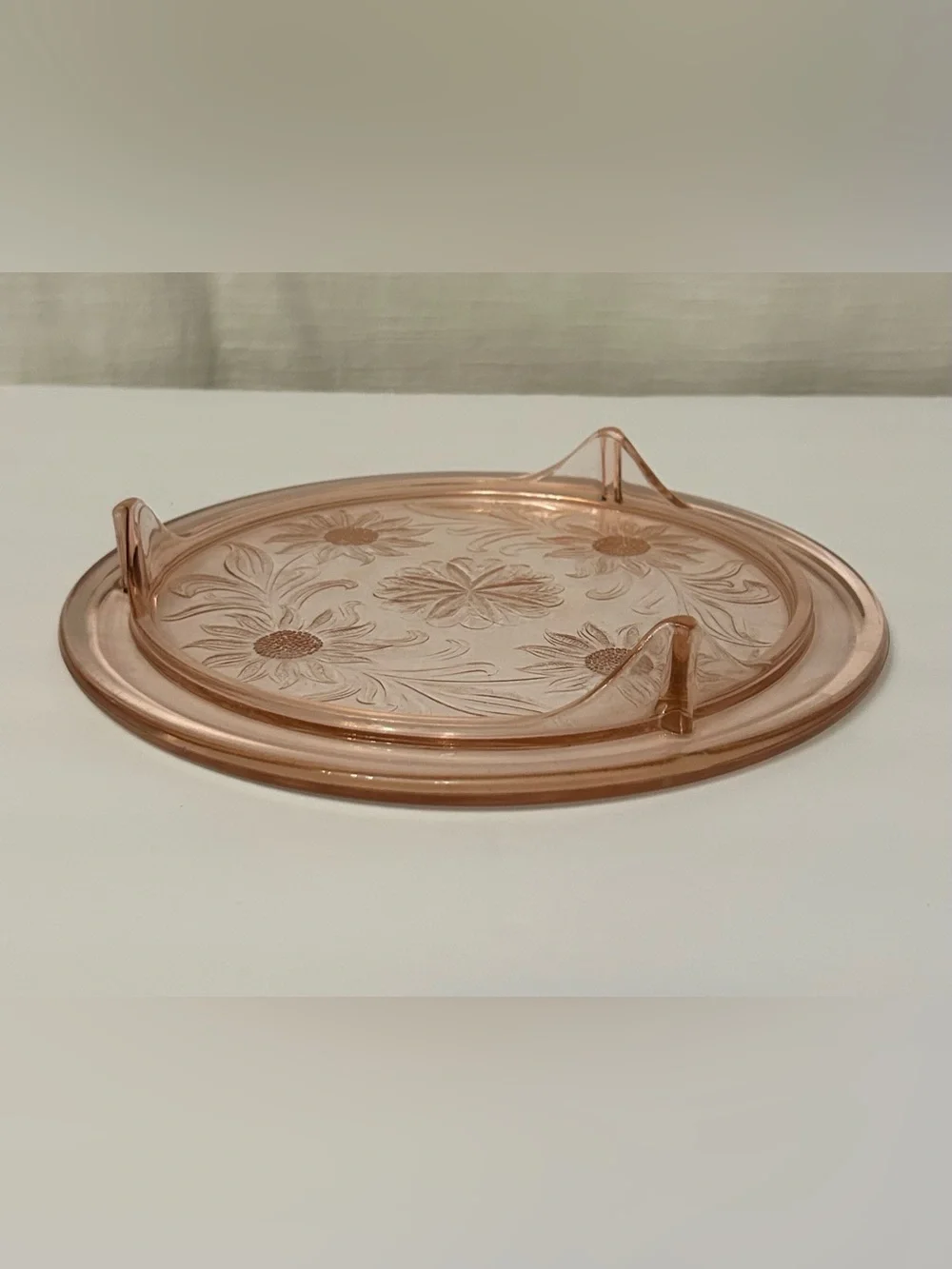 Vintage Pink Sunflower Floral Pressed Depression Glass Serving Plate Cake Stand‎